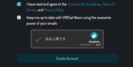 VR Chat アカウント登録 下段のチェック項目