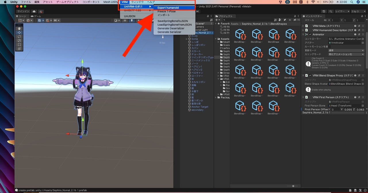 unity アバター設定後書き出し